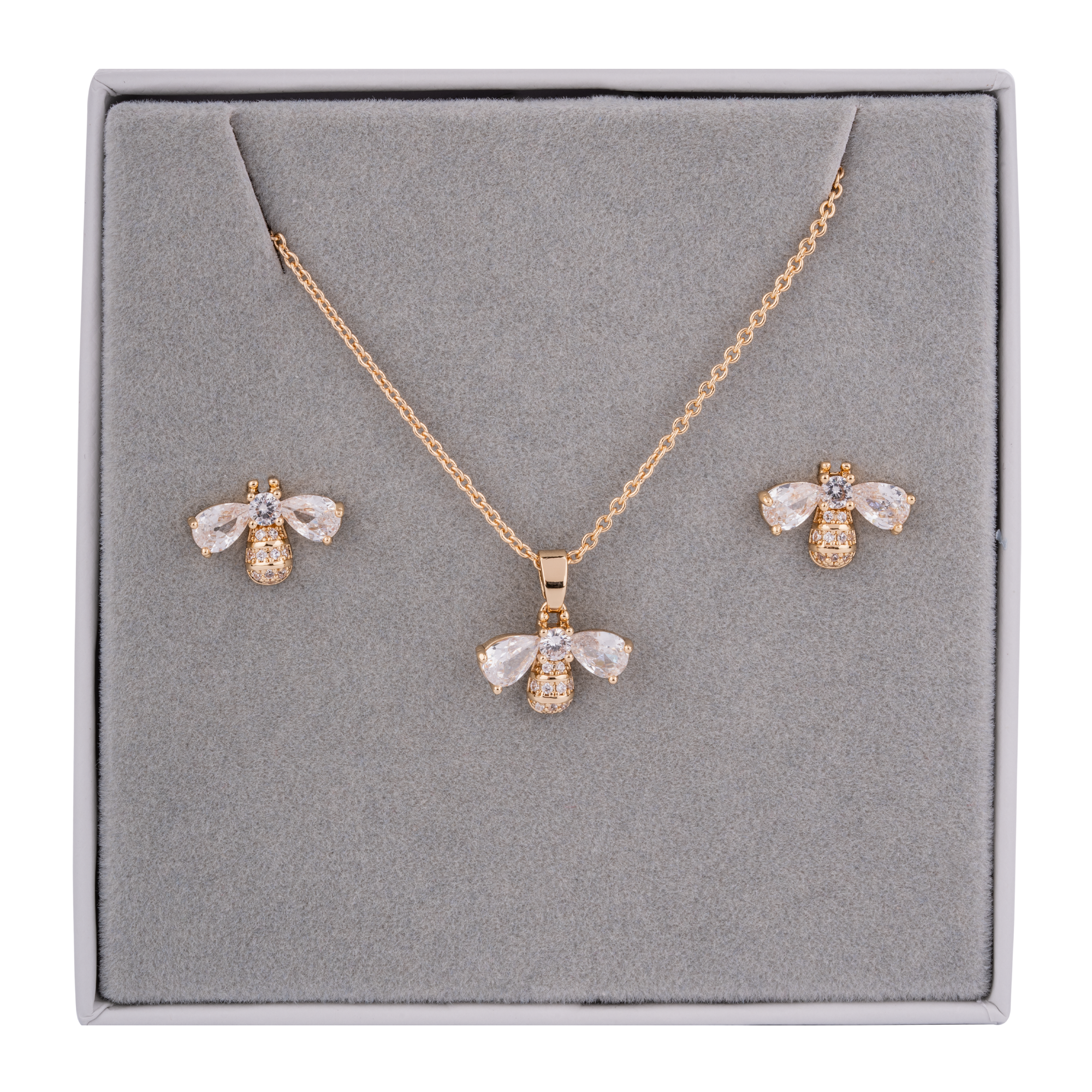 Bee necklace and stud earring set Gold with crystal wings