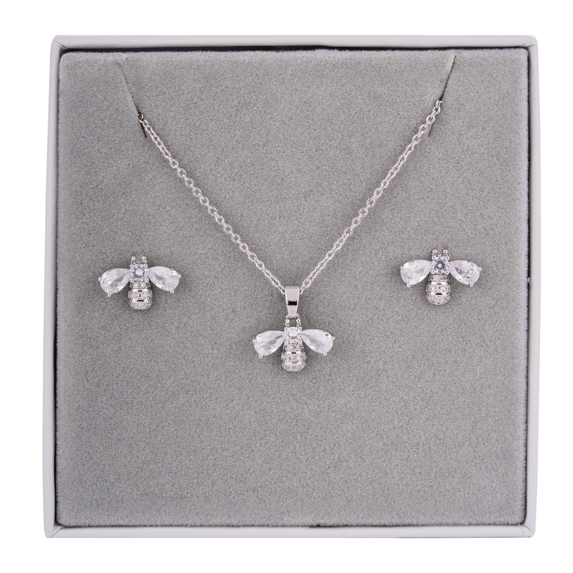 Bee necklace and stud earring set Silver with crystal wings