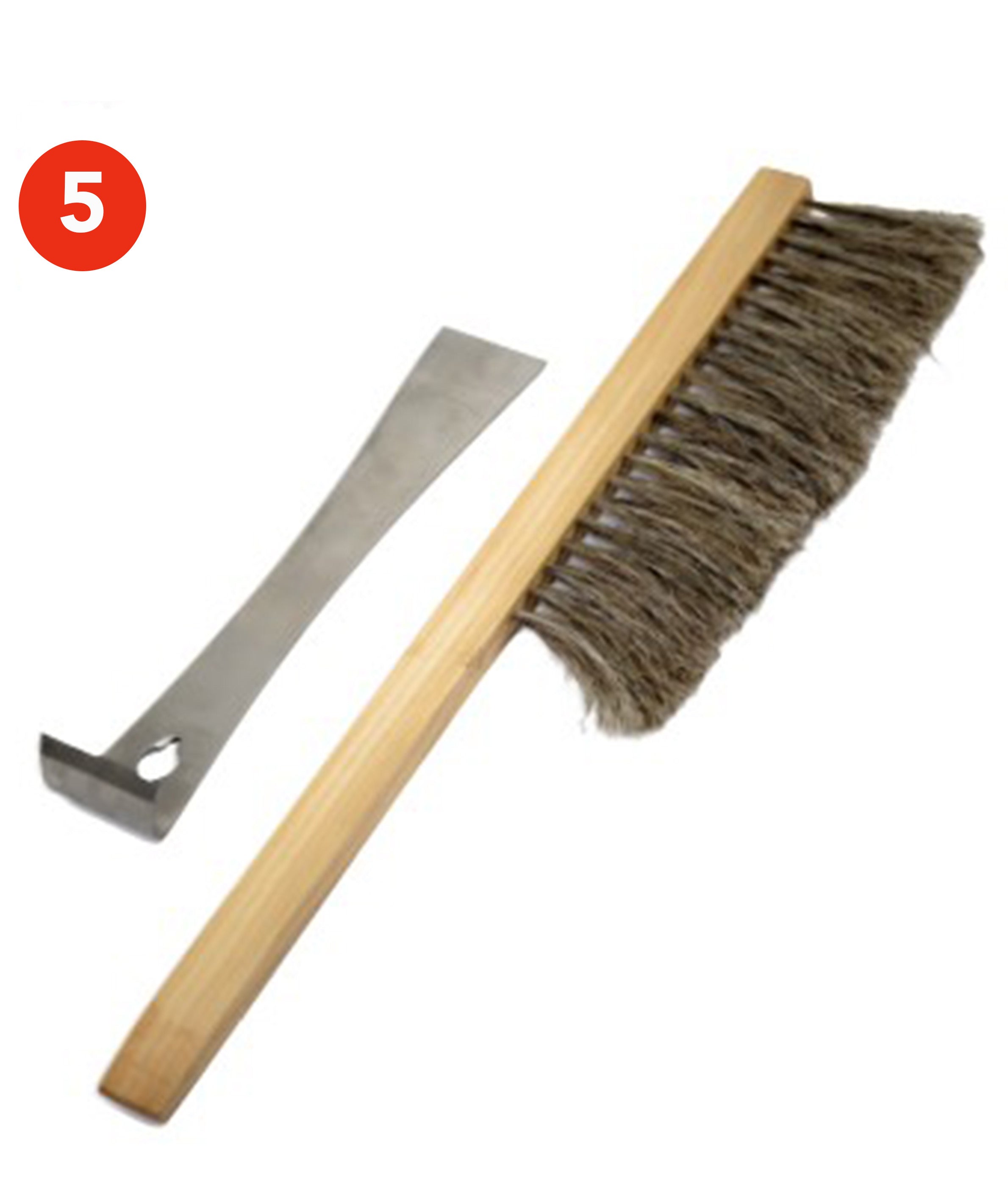 hive tool used to pry apart propolis-sealed frames and boxes, along with a super soft horsehair type bee brush