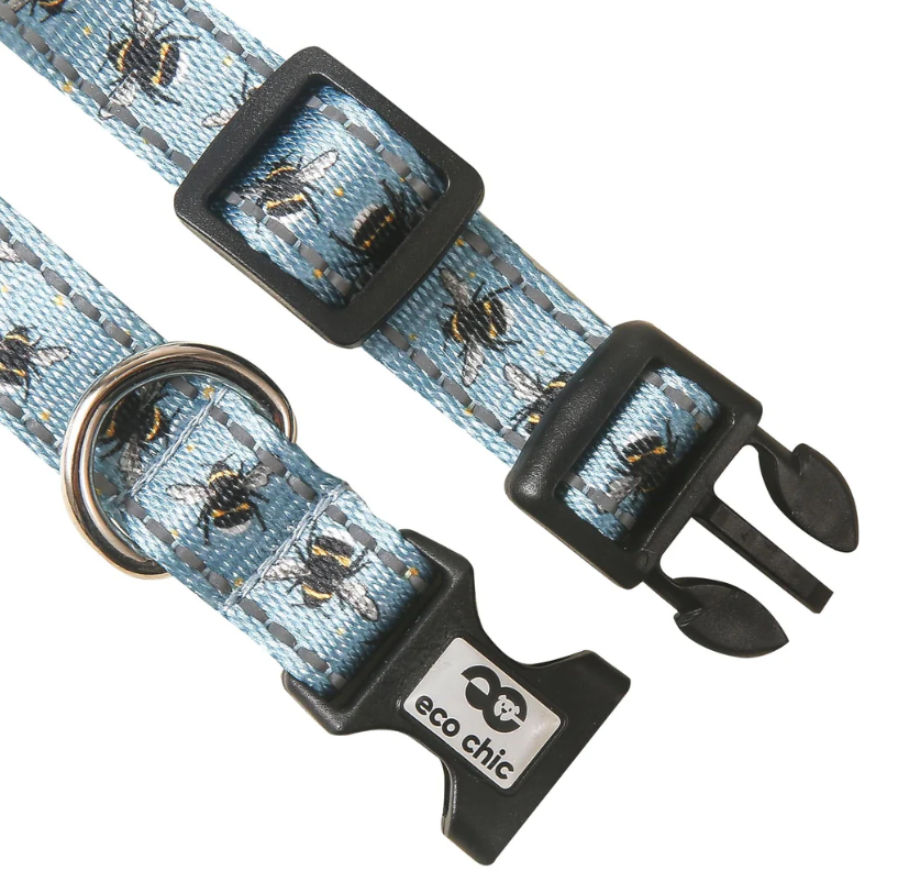 Recycled Dog Collar - Bumble Bees Blue