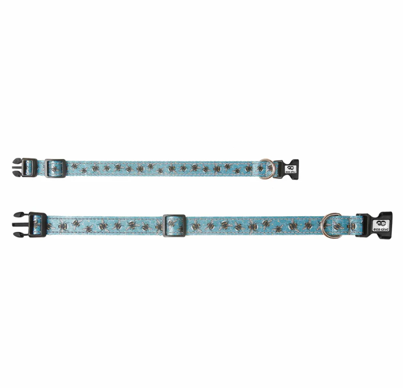 Recycled Dog Collar - Bumble Bees Blue